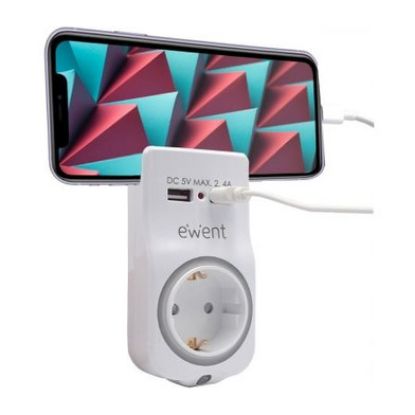 Imagem de Carregador de Tomada Ewent 2 Portas USB + Sensor Luz 4-em-1 Branco