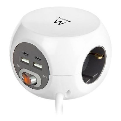 Imagem de Bloco de 3 tomadas Ewent Cubical + 2x Type-C + 2x USB Branco - 1.5Mtr