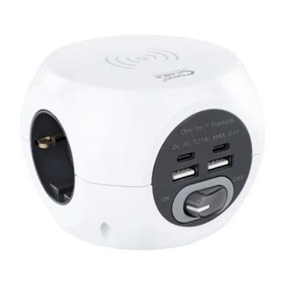 Imagem de Bloco de 3 tomadas c/ 2x USB + 2x Type-C + Wireless Charger NanoCable Branco