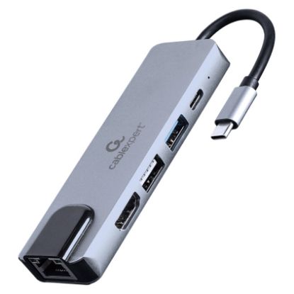 Imagem de Hub Type-C 1 Porta USB3.1 + USB2.0 + Type-C + HDMI + RJ45 Gembird Cinza