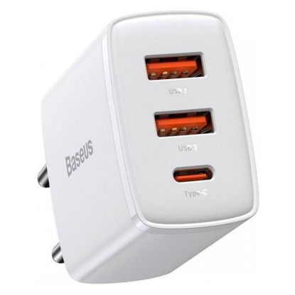 Imagem de Carregador de Tomada Baseus 2 Portas USB + Type-C Compacto 30W Branco