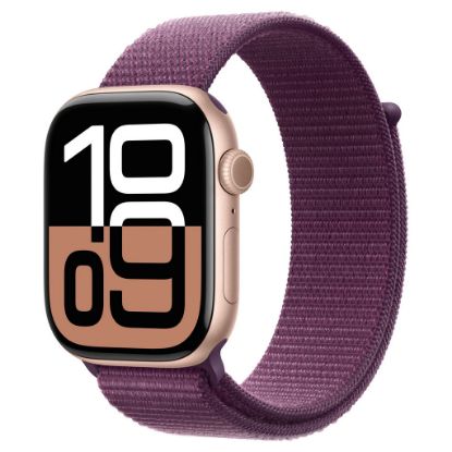 Imagem de Apple Watch Series 10 GPS Alumínio Rosa-dourado | Bracelete Loop Desportiva Ameixa (46mm)
