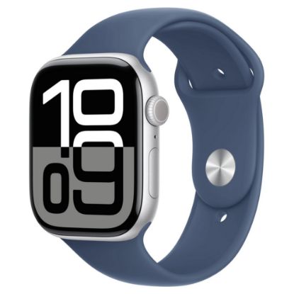 Imagem de Apple Watch Series 10 GPS Alumínio Prateado | Bracelete Desportiva Azul Denim - M/L (46mm)