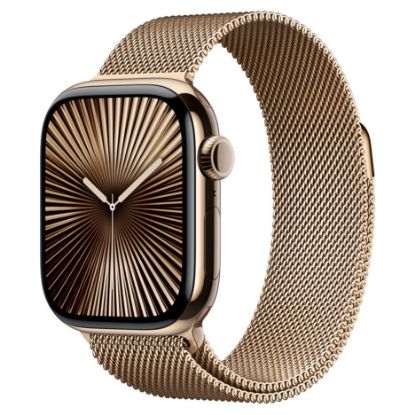 Imagem de Apple Watch Series 10 GPS + Cellular Titânio Dourado | Bracelete Loop Milanesa Dourada (42mm)